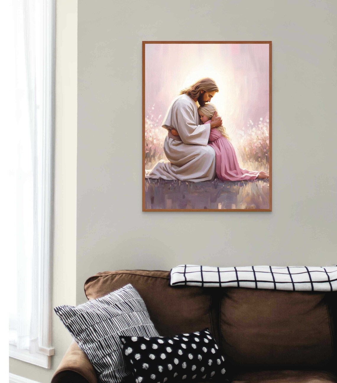 Jesus Kneeling to Hug Girl in Pink Dress in Gentle Light Poster - Image 3