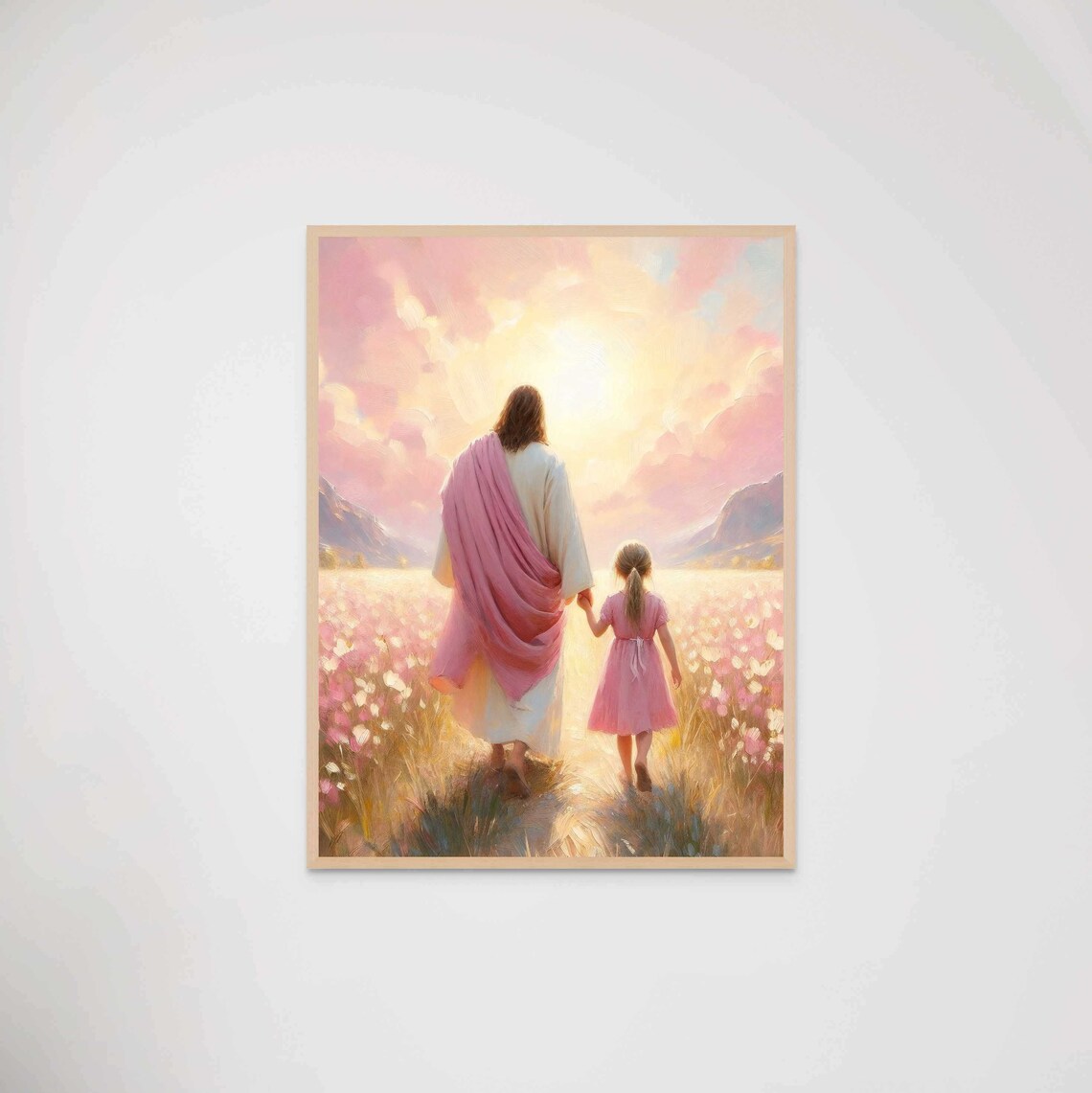 Jesus Walking With Girl Hand In Hand Wildflower Field Sunset Christian Poster