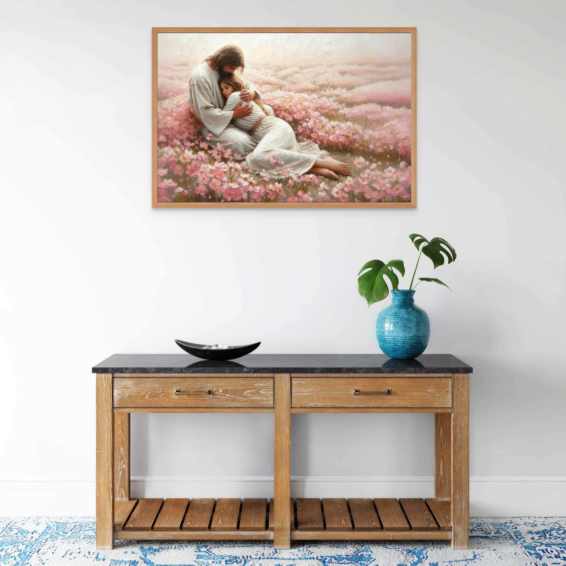 Jesus Embracing Woman in Pink Flower Field Peaceful Art Poster - Image 7