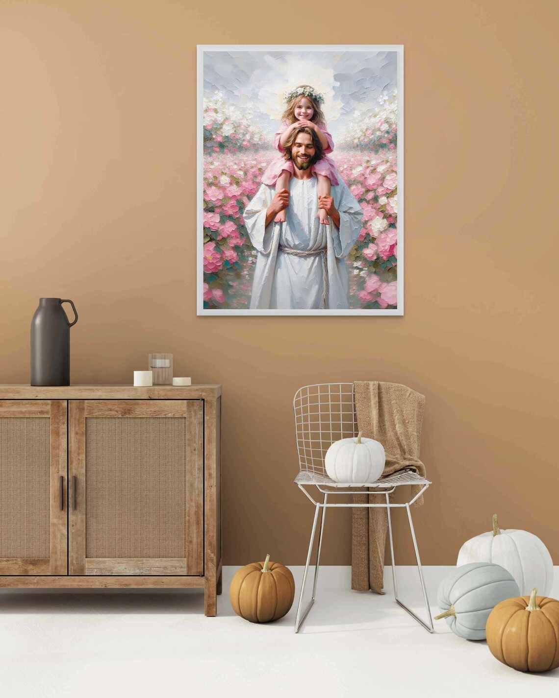 Jesus Carrying Girl On Shoulders Pink Flower Field Flower Crown Christian Poster - Image 4