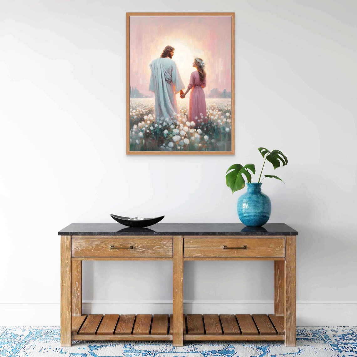 Jesus Holding Hands Woman White Flower Field Sunrise Moment Christian Poster - Image 6