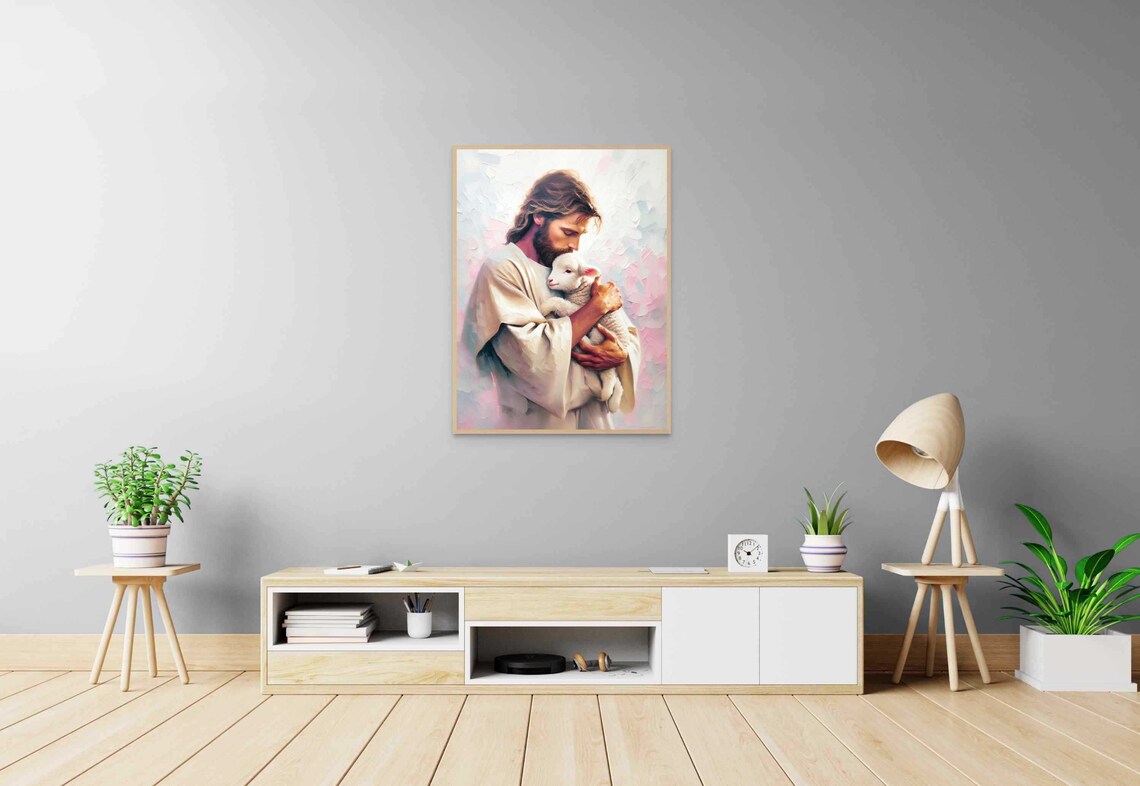 Jesus Cradling White Lamb in Cream and Pink Impasto Art Poster - Image 7