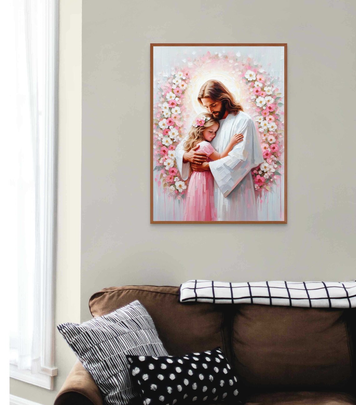 Jesus Hugging Girl Floral Heart Arch Pink White Flowers Christian Poster - Image 4
