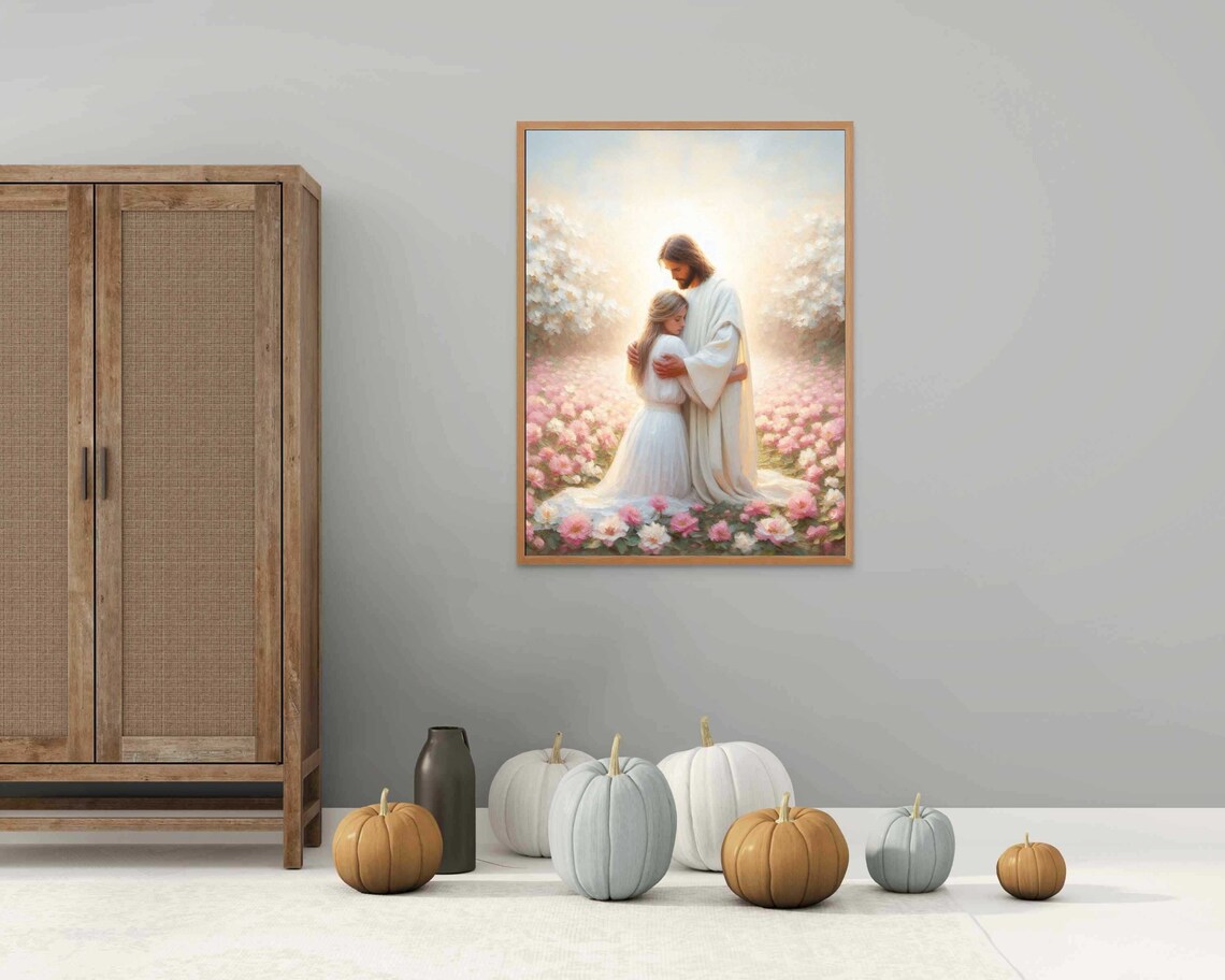 Jesus Embracing Girl in White Dress Among Pink Blossoms Poster - Image 4