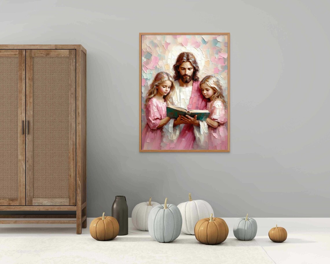 Jesus Reading Bible With Two Little Girls Pastel Painting Poster - Image 5