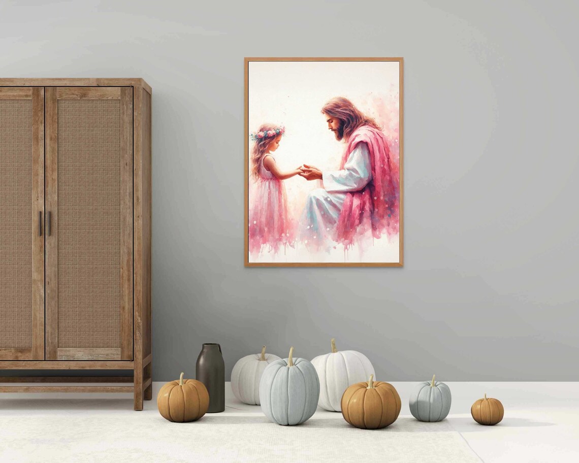 Jesus Kneeling With Girl Wearing Flower Crown Watercolor Poster - Image 4