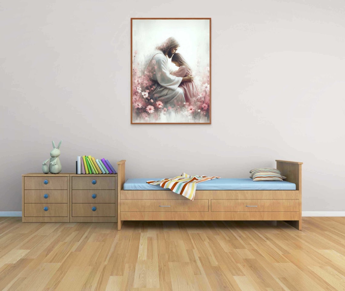Jesus Embracing Girl Among Pink Blossoms Watercolor Art Poster - Image 3