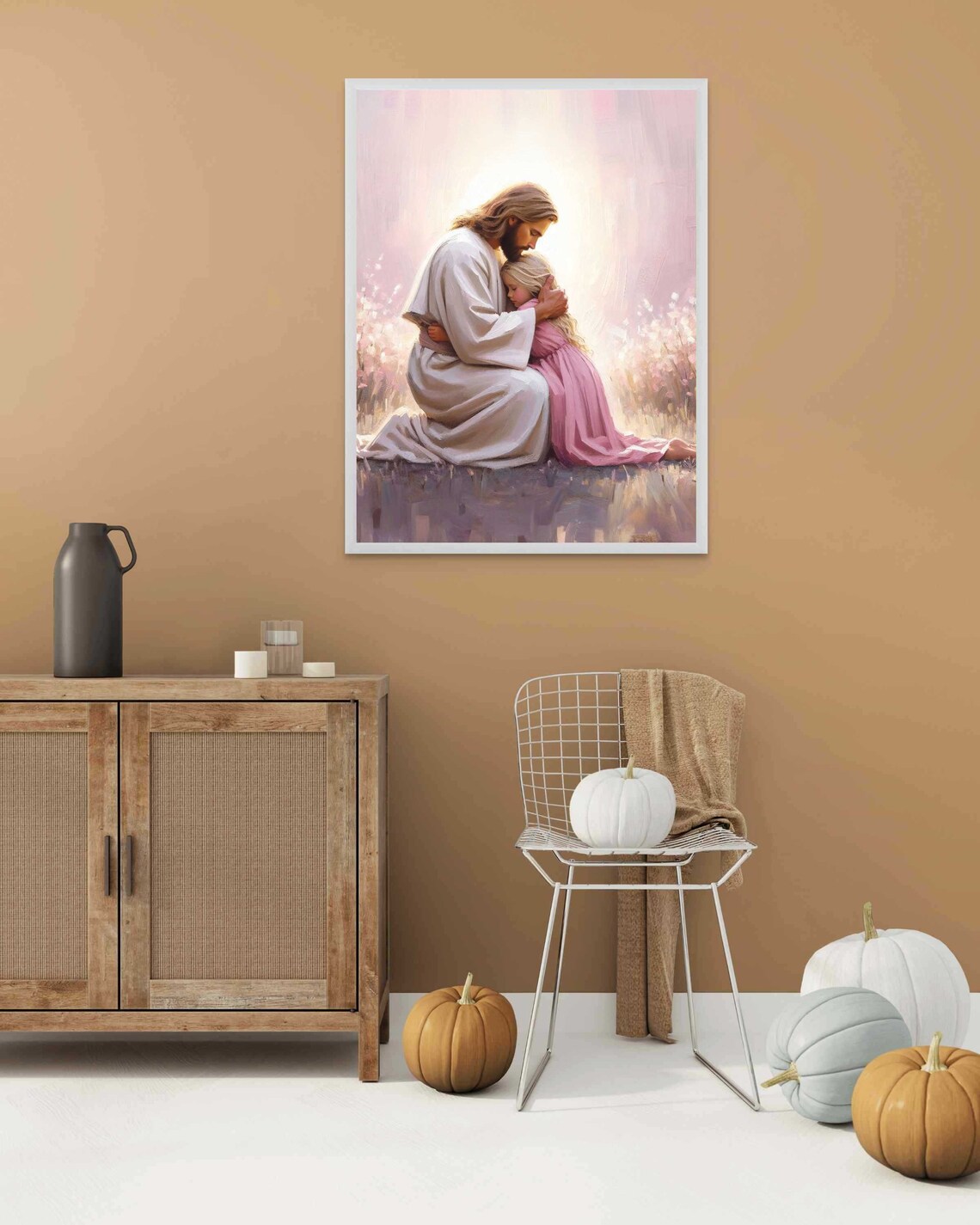 Jesus Kneeling to Hug Girl in Pink Dress in Gentle Light Poster