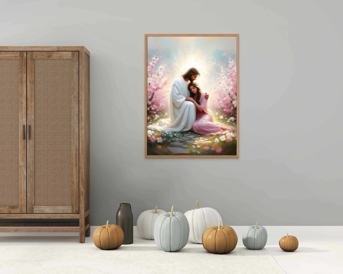 Jesus Comforting Woman Among Pink Cherry Blossom Trees Poster - Image 4