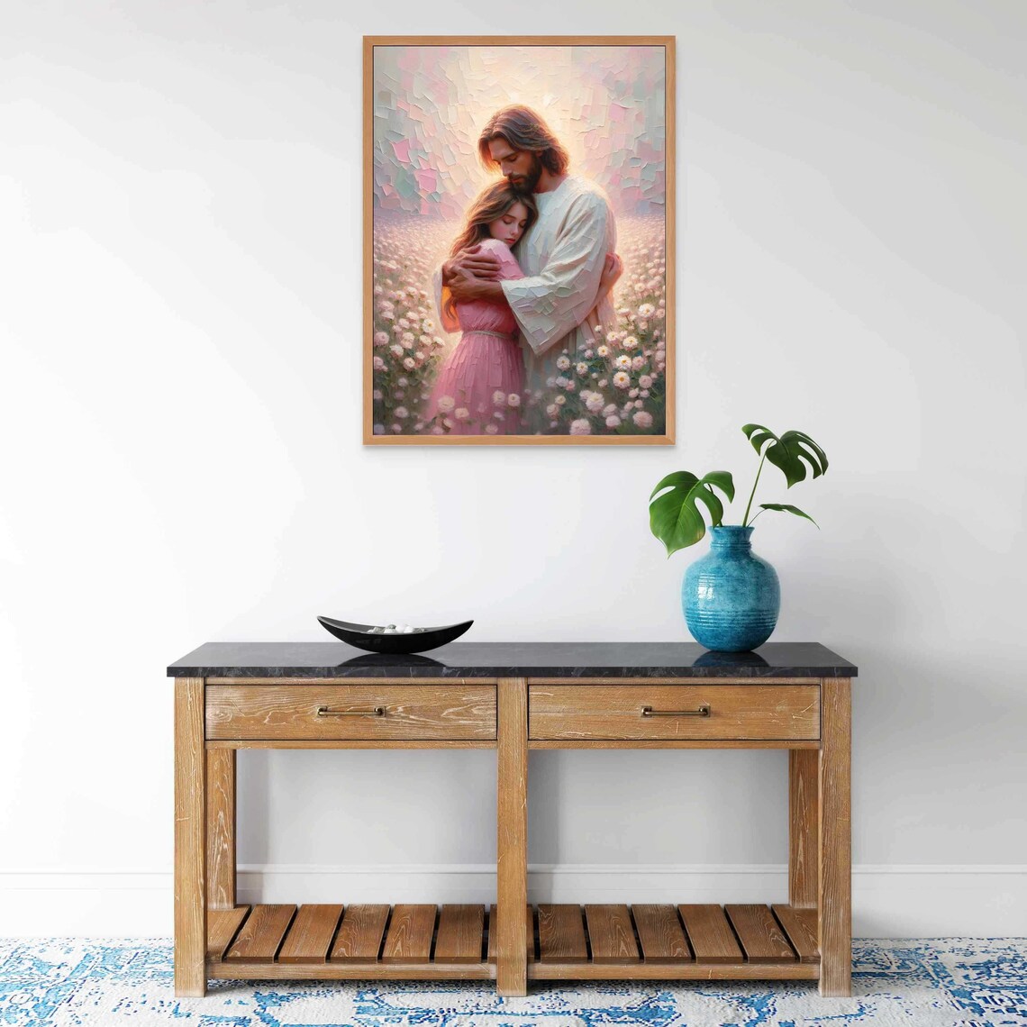 Jesus Christ Embracing Girl Among Daisies Mosaic Style Poster - Image 6