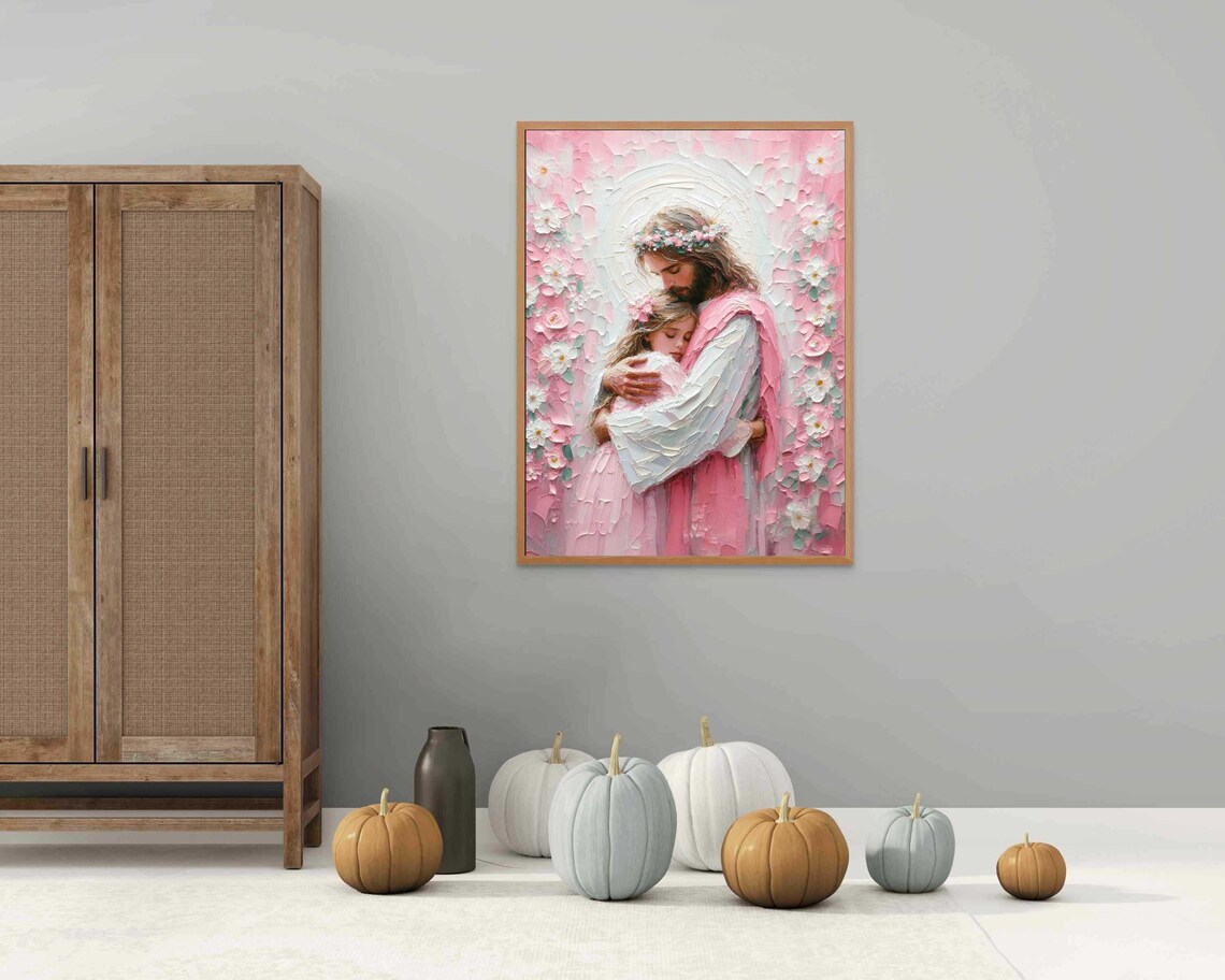 Jesus Hugging Girl Flower Crown Tender Impasto Pink Floral Christian Poster - Image 4