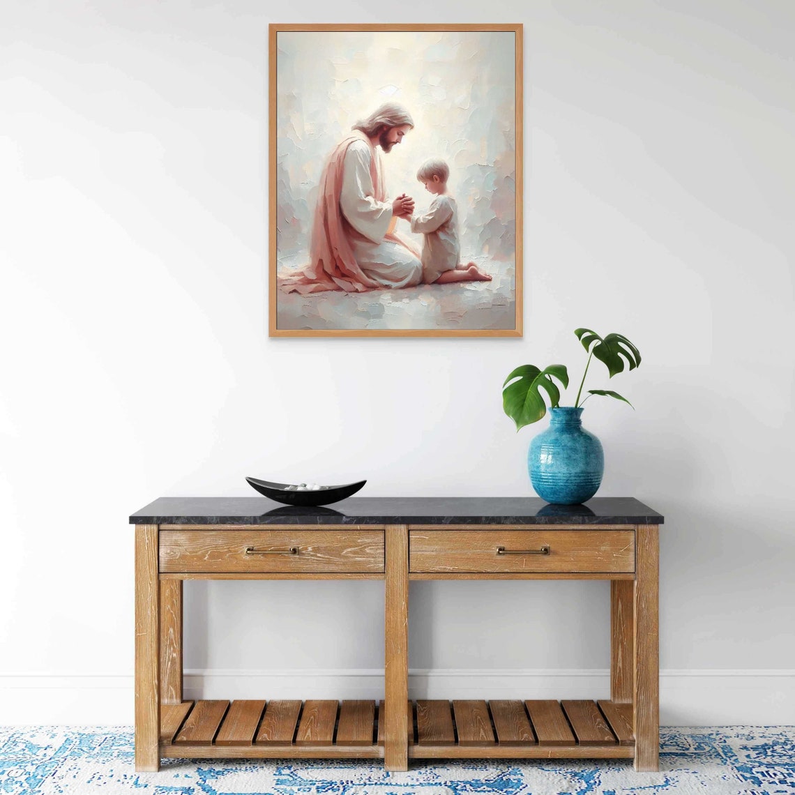 Jesus Praying With Little Boy Soft Pastel Impasto Art Poster - Image 6