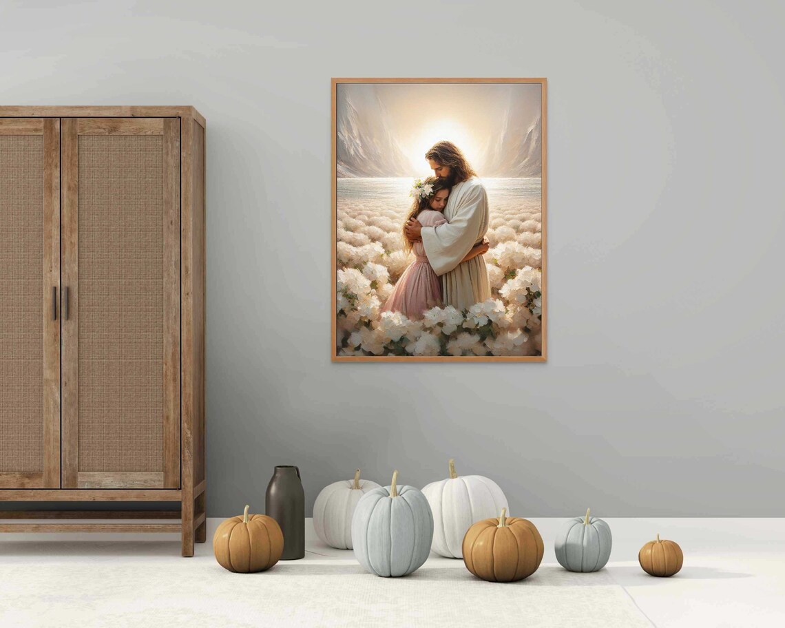 Jesus Hugging Girl Flower Crown White Flower Field Lake Christian Poster - Image 2
