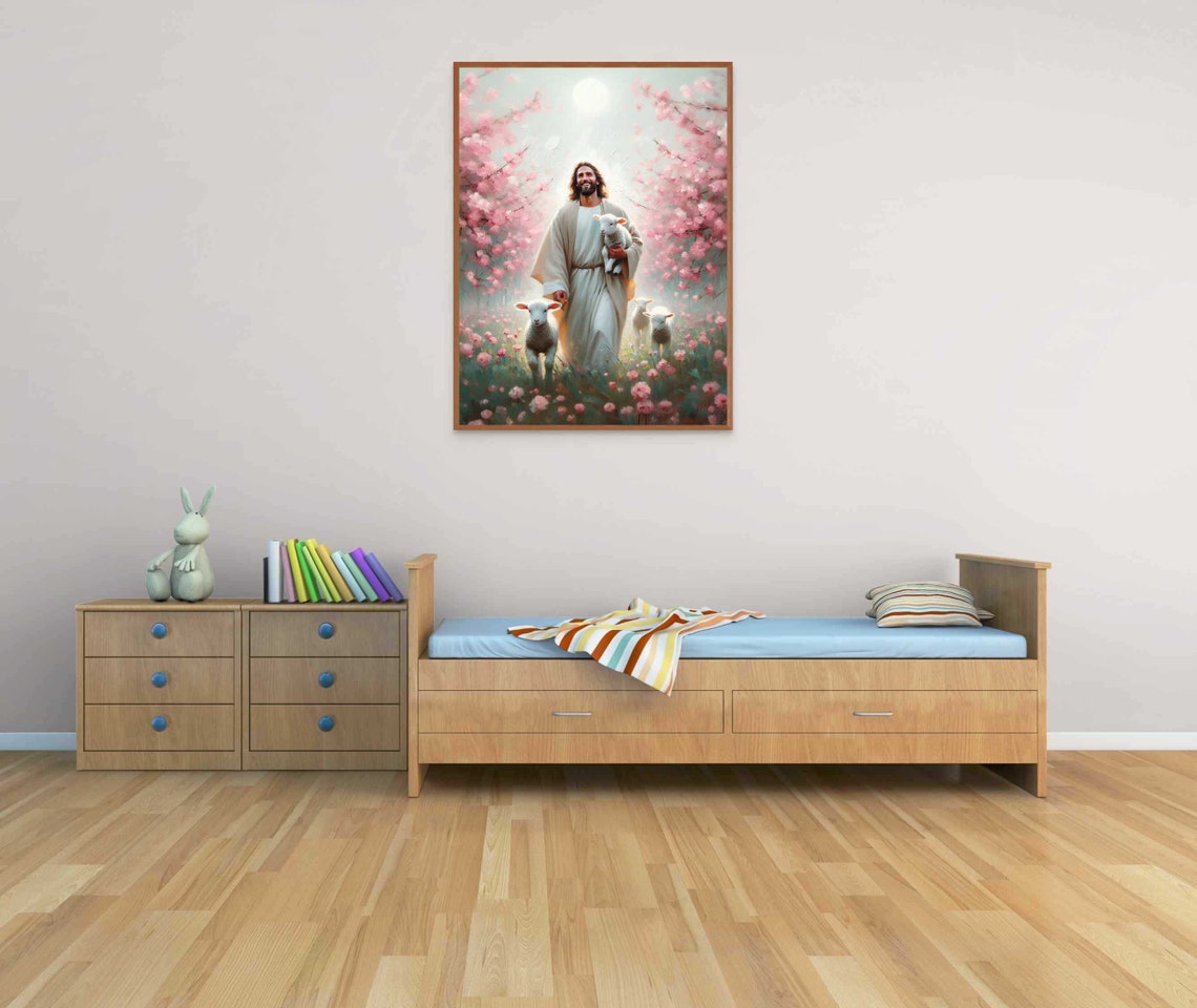 Jesus the Good Shepherd With Lambs in Cherry Blossom Art Poster - Image 4