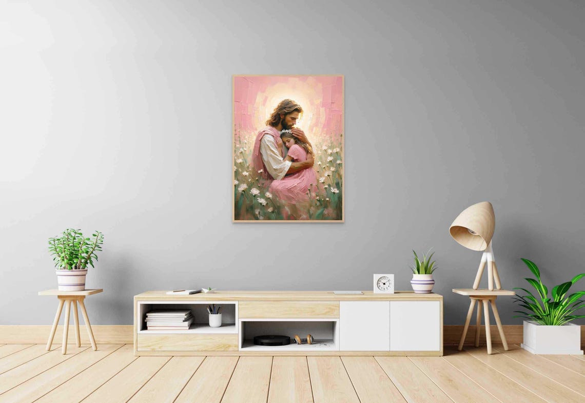 Jesus Hugging Girl With Flower Crown Among White Daisies Poster - Image 4