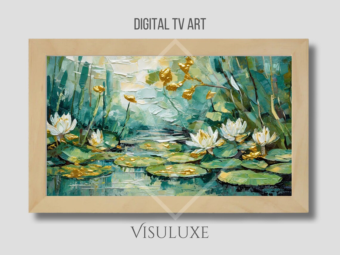 Water Lilies Golden Teal Pond Impasto Floral Nature Painting Wall Art - Image 4