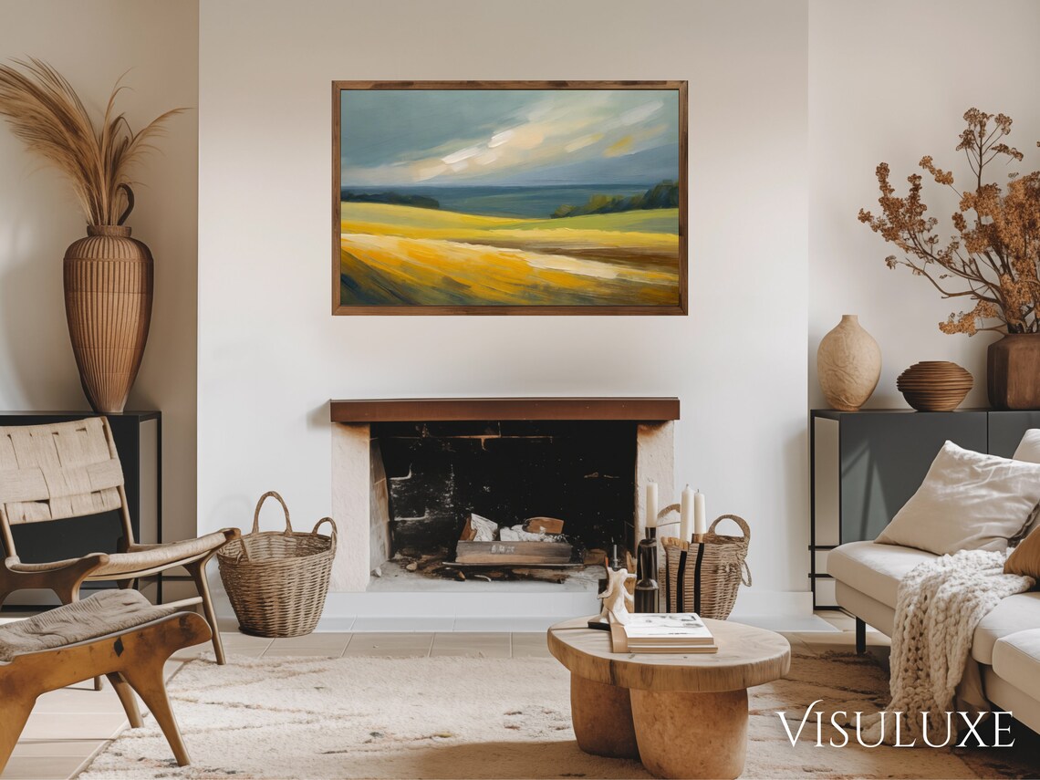 Minimalist Golden Wheat Field Rolling Hills Soft Blue Sky Poster - Image 2