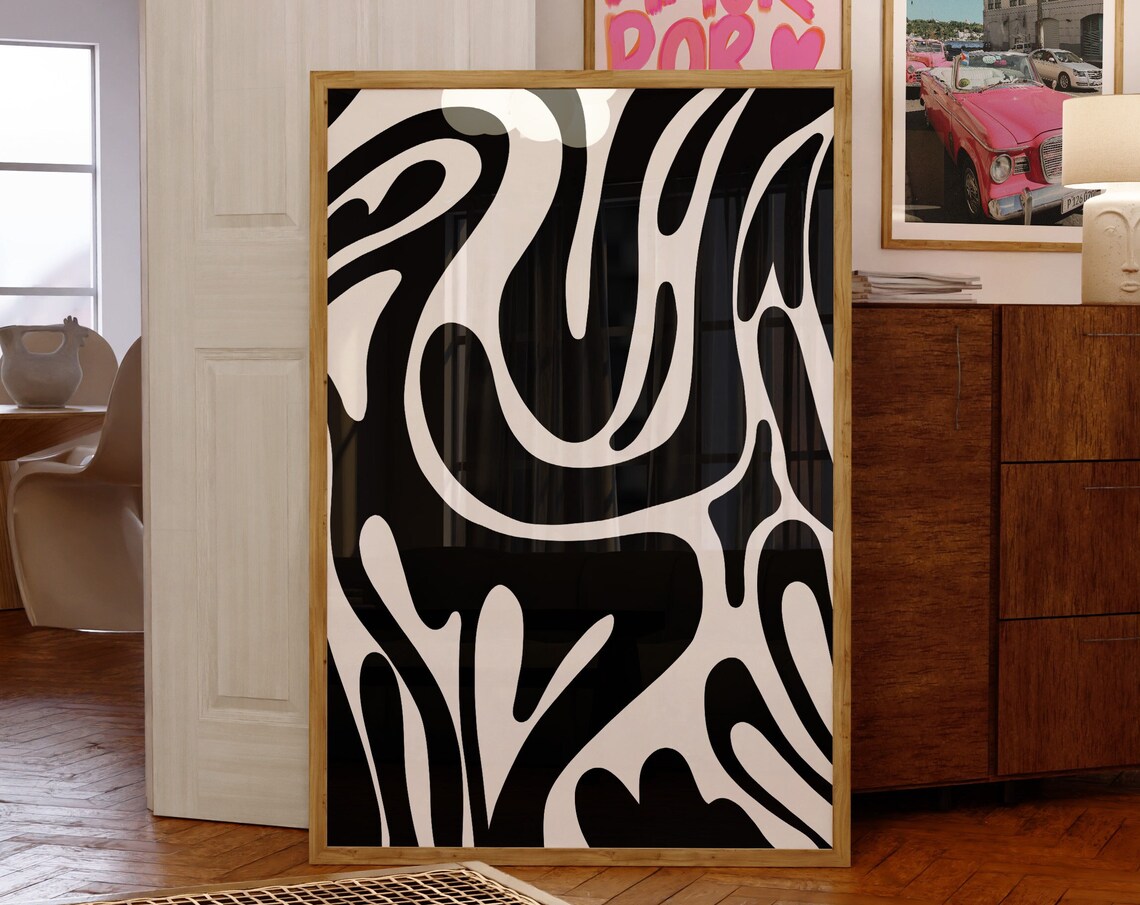 Black White Wavy Groovy Abstract Swirl Modern Minimalist Poster