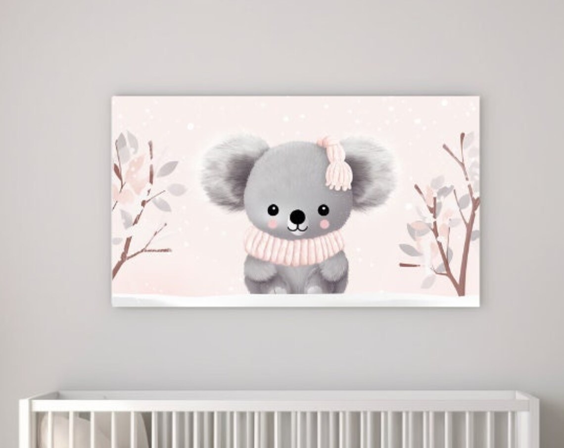 Baby Koala Pink Winter Hat Scarf Snowy Cute Nursery Wall Art Poster