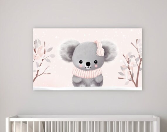Baby Koala Pink Winter Hat Scarf Snowy Cute Nursery Wall Art Poster