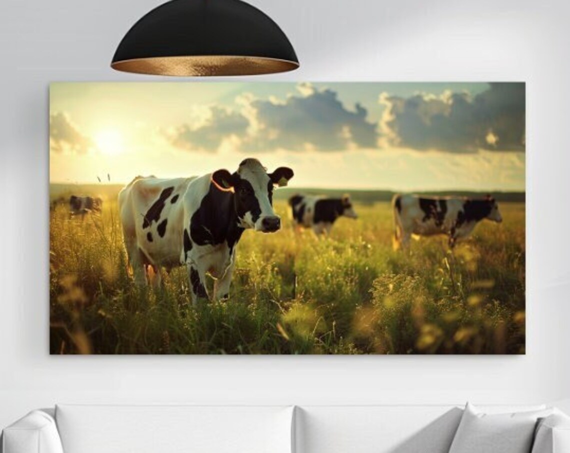 Holstein Cows Golden Sunset Pasture Meadow Field Animal Poster