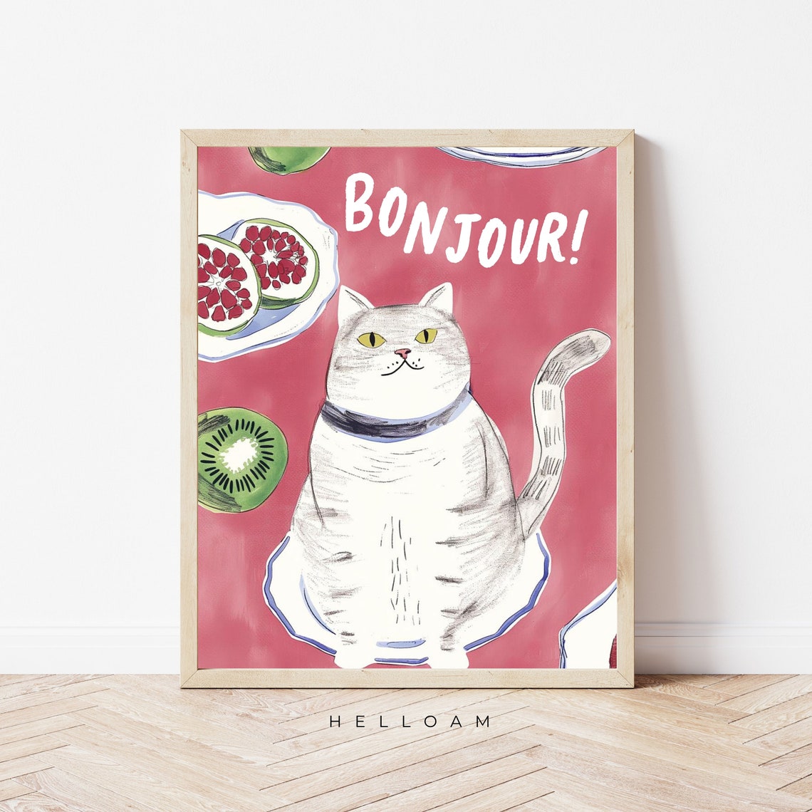 Bonjour White Cat Pink Background Fig Kiwi Cute French Kitchen Poster - Image 2