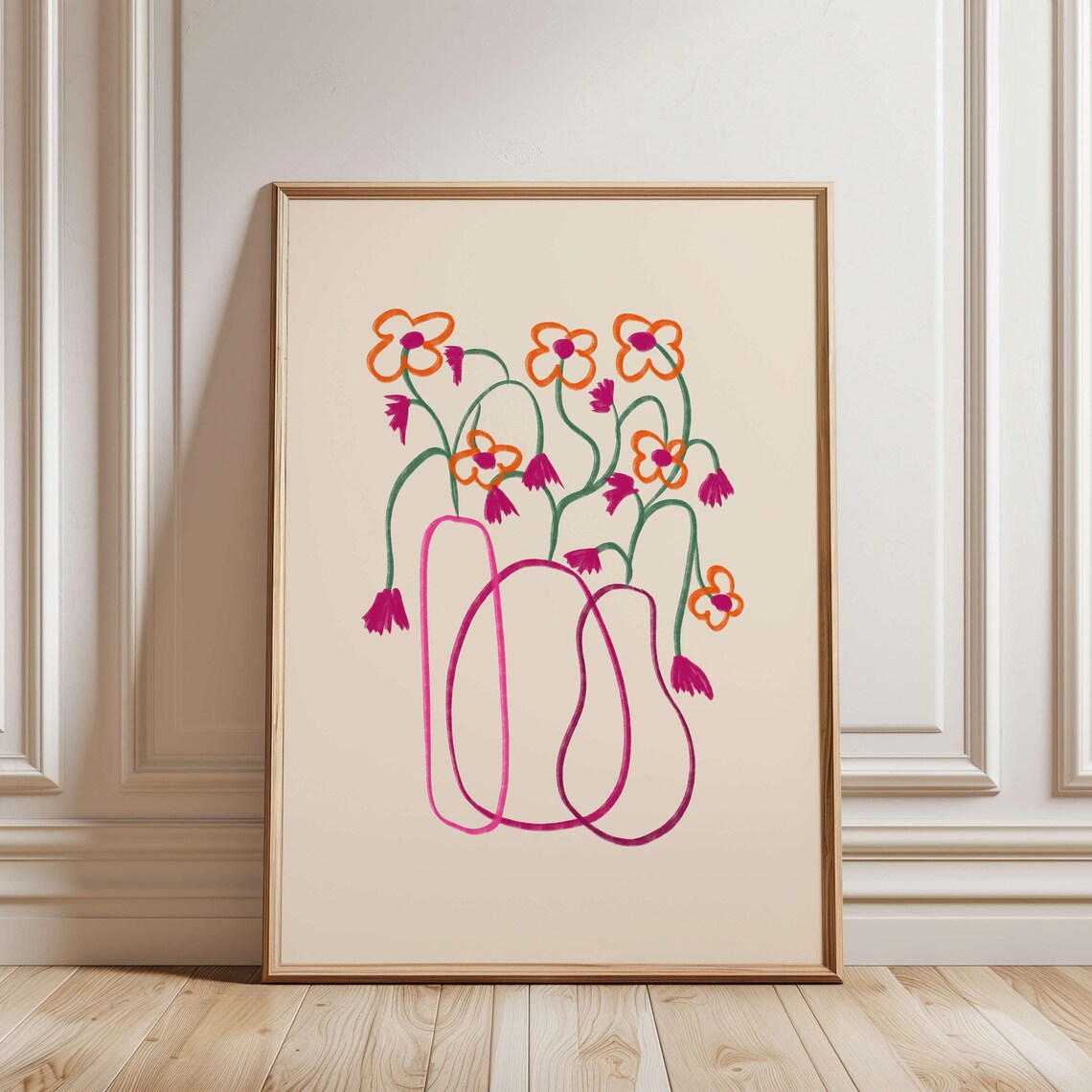 Pink And Magenta Flowers In Line Art Vases Minimalist Print Decor