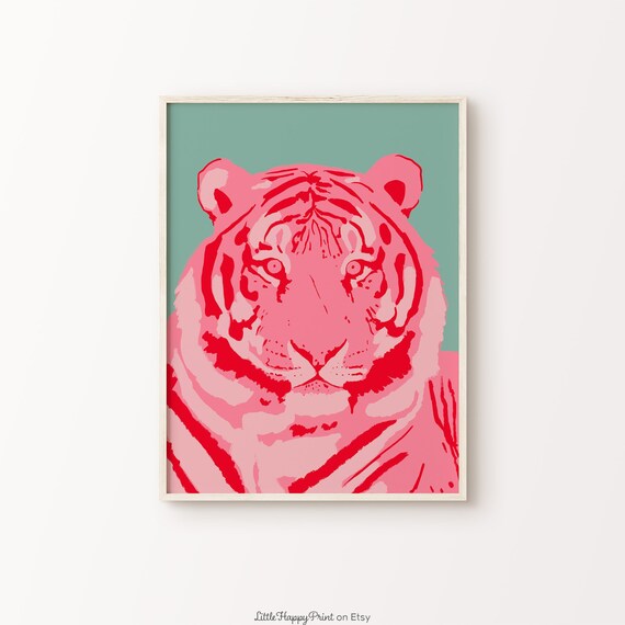 Pink Tiger Pop Art Teal Background Bold Big Animal Style Poster