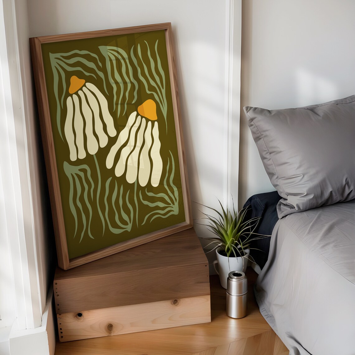 Boho Daisies Flower Poster Olive Green Mid Century Modern Botanical Art - Image 3