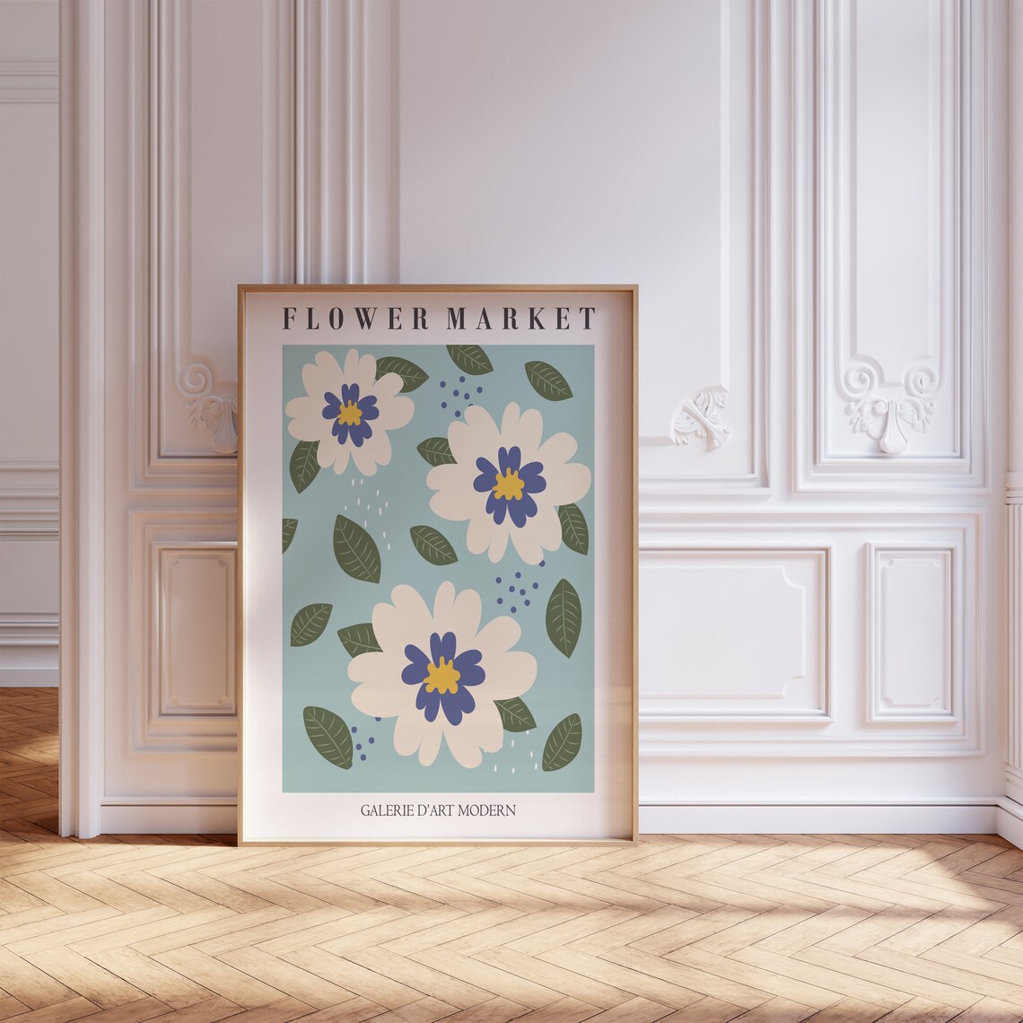 Flower Market Mint Daisy Blue Yellow Bloom Botanical Art Poster - Image 3