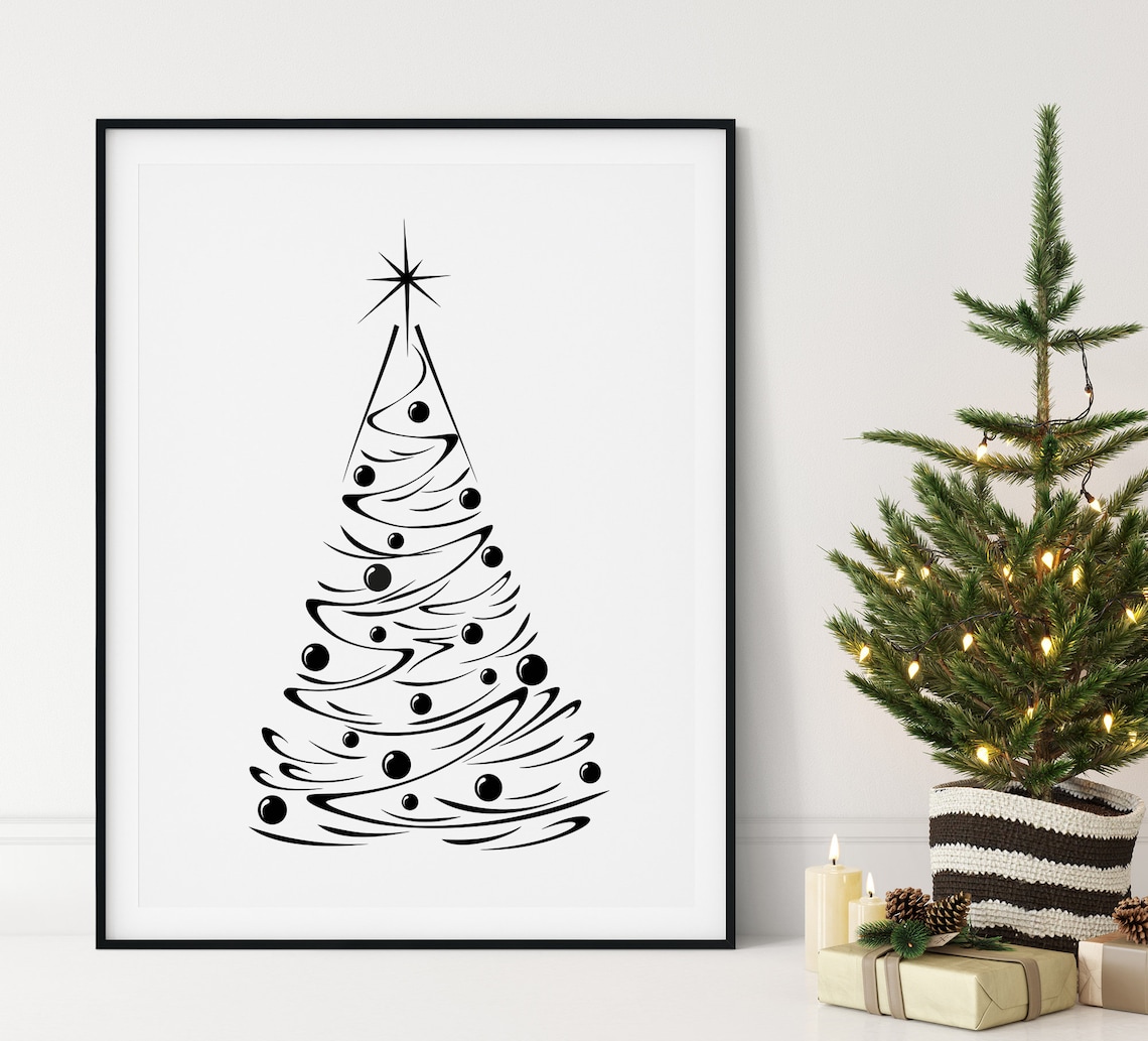 Minimalist Black Line Art Christmas Tree Star Modern Holiday Poster