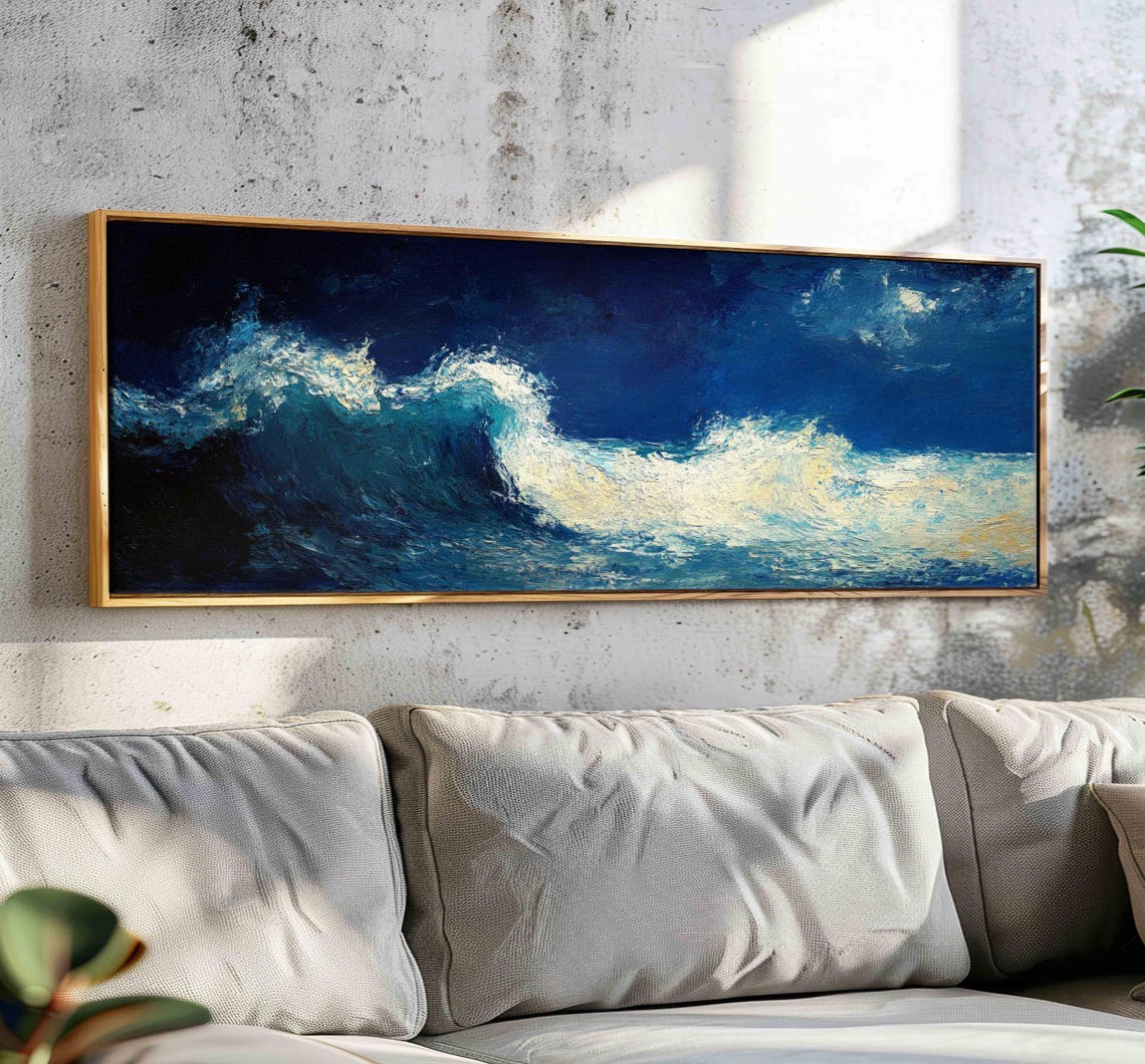 Moonlit Ocean Wave Night Seascape Dark Blue Panoramic Art Poster