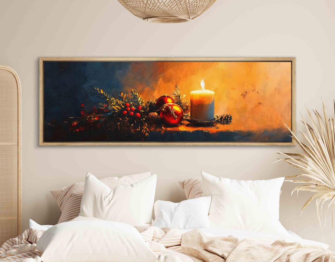 Christmas Candle With Red Ornaments Pine Still Life Moody Wall Art - Image 2