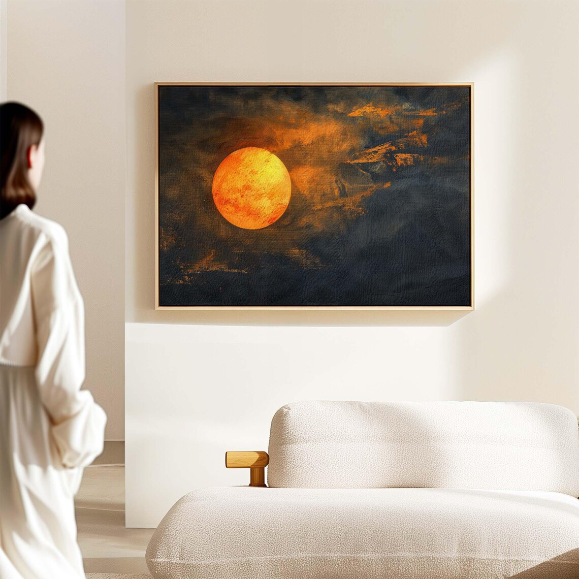 Glowing Orange Harvest Moon Dark Cloudy Night Sky Moody Art Print - Image 2
