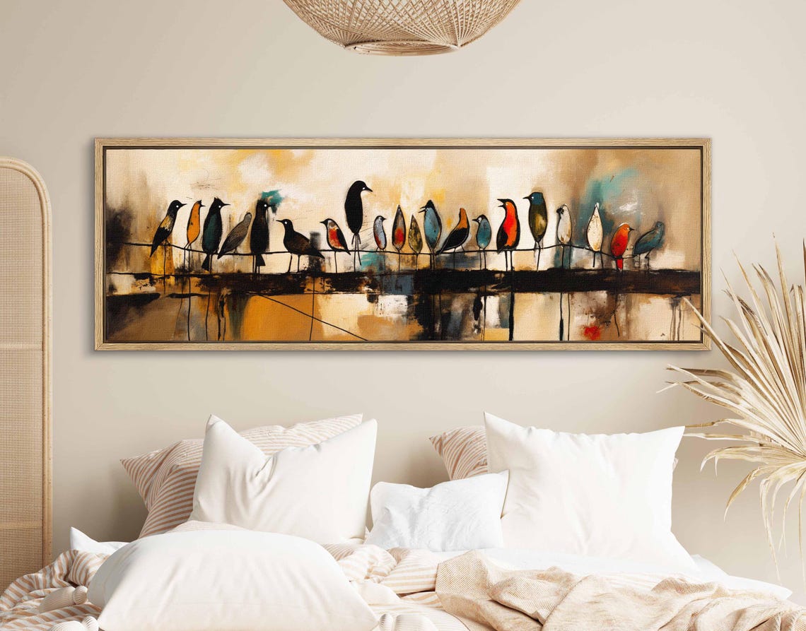Colorful Birds On Wire Flock Abstract Warm Tones Panoramic Art Print - Image 2