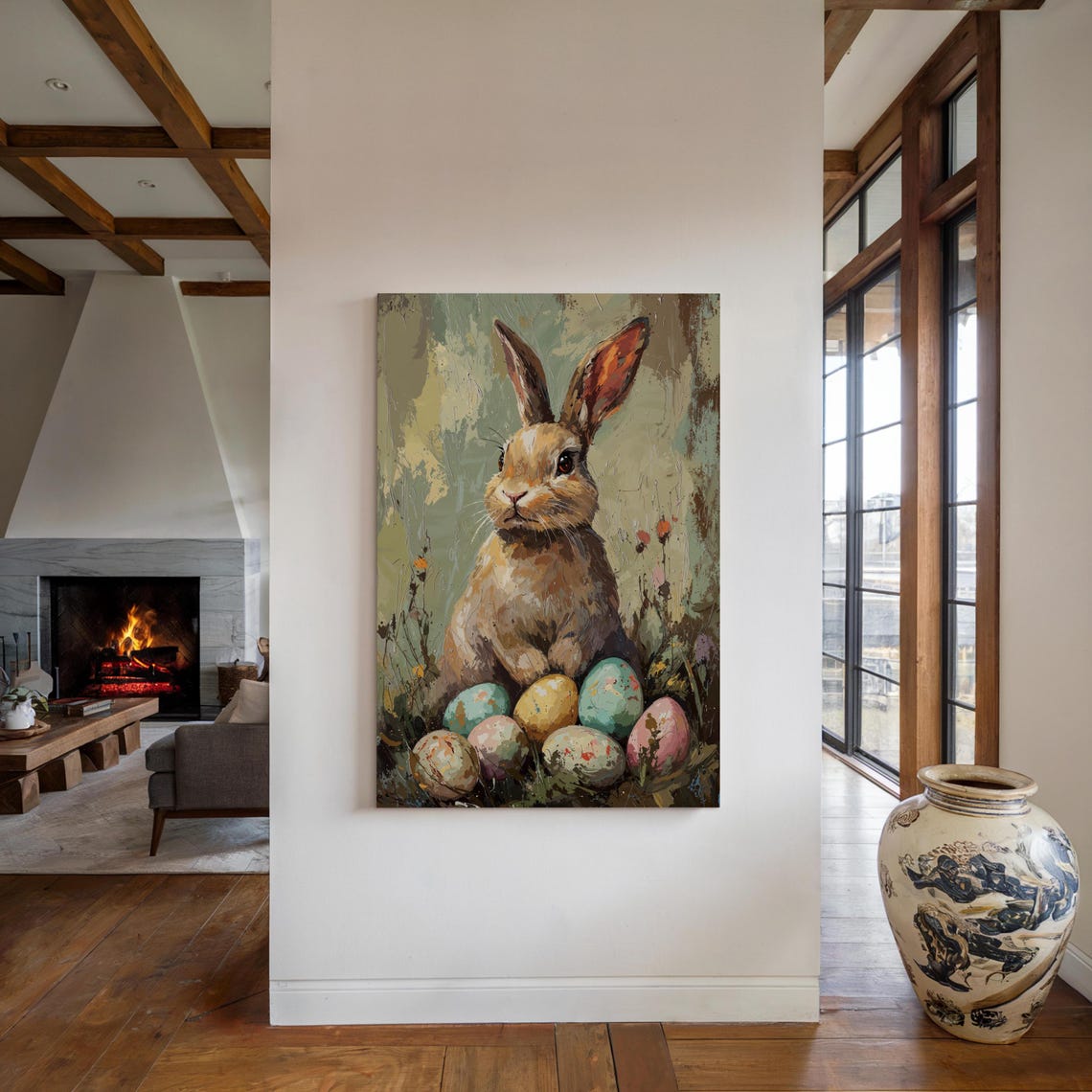 Impressionist Easter Bunny Painted Eggs Spring Meadow Oil Print