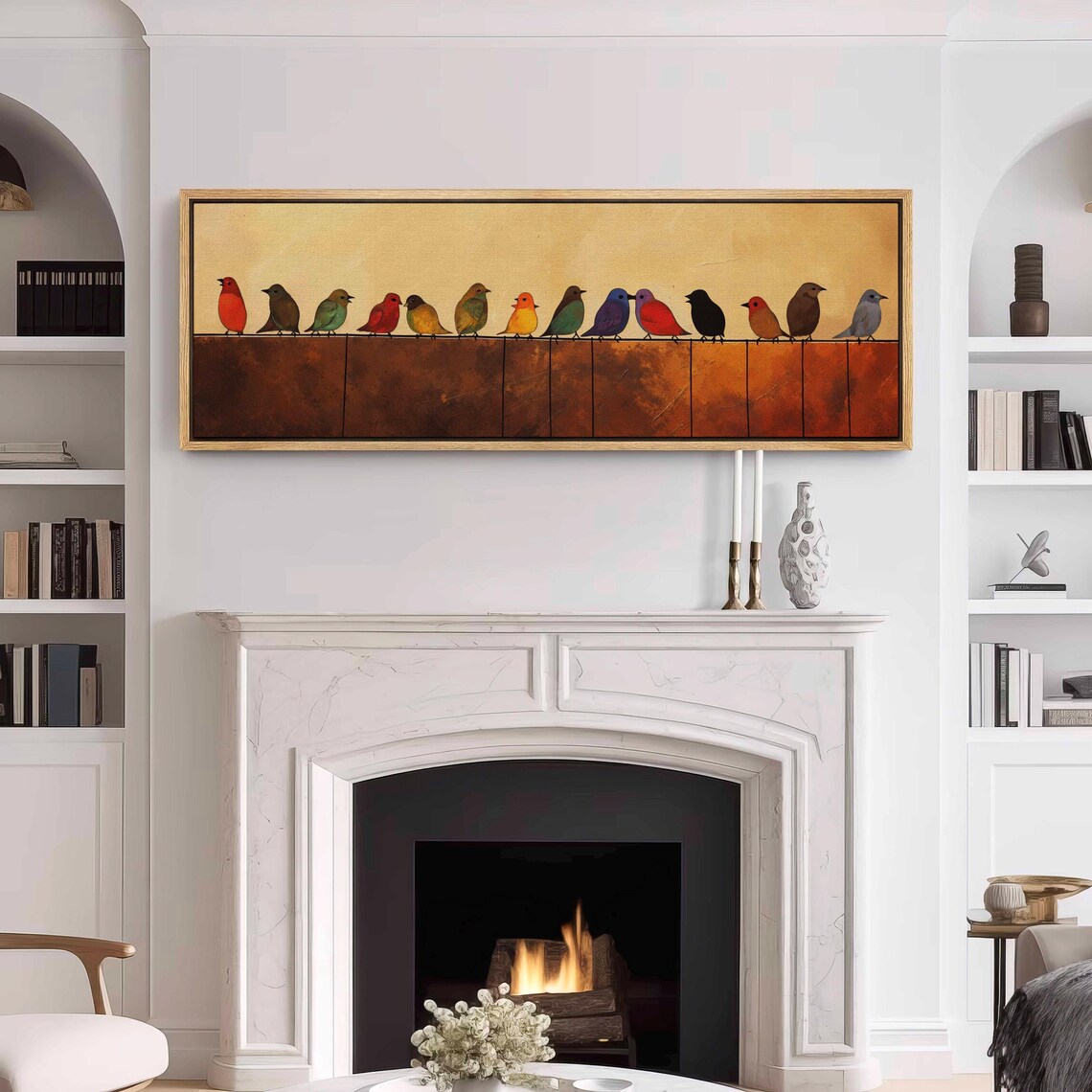 Colorful Birds On Wire Mid Century Modern Abstract Folk Art Poster - Image 3