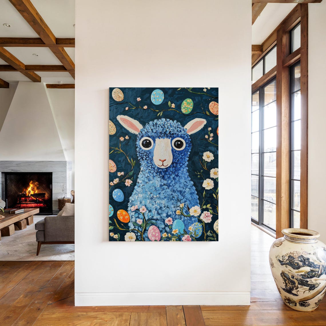 Cute Blue Lamb Easter Eggs Blossoms Dark Teal Whimsical Animal Poster