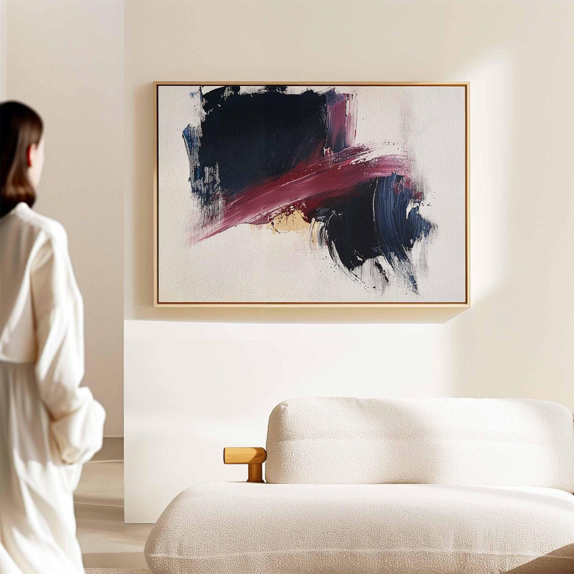 Abstract Navy and Magenta Brushstrokes on White Modern Painting Print - Image 2