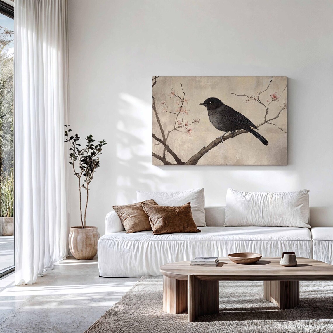 Black Bird on Cherry Blossom Branch Japanese Style Painting Poster - Image 3