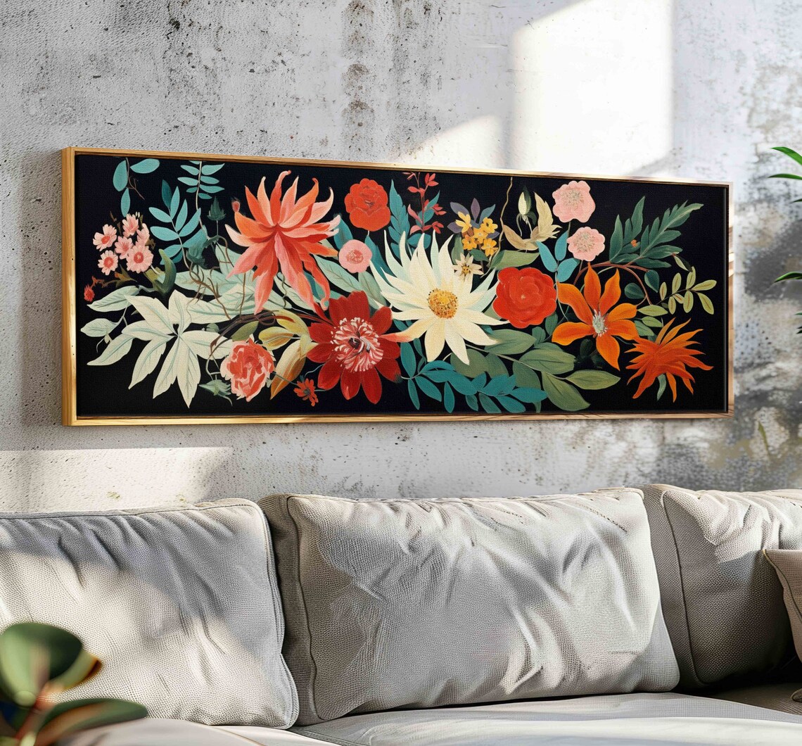 Floral Botanical Boho Art Print, Panoramic Flowers