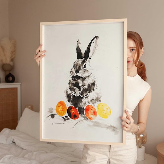 Japanese Sumi E Easter Bunny Rabbit Watercolor Ink Painting Art Print