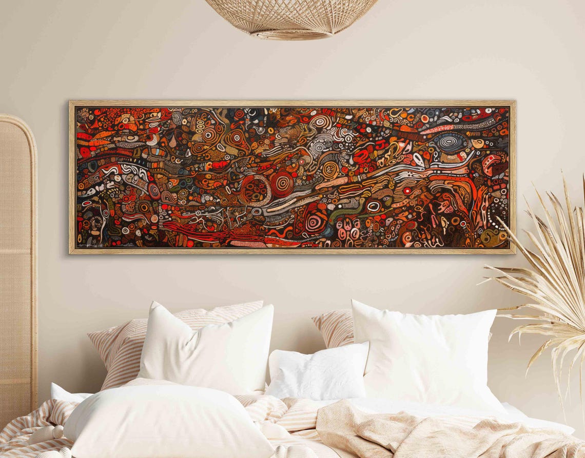 Intricate Tribal Doodle Swirls Rust Tones Panoramic Framed Art Print - Image 2