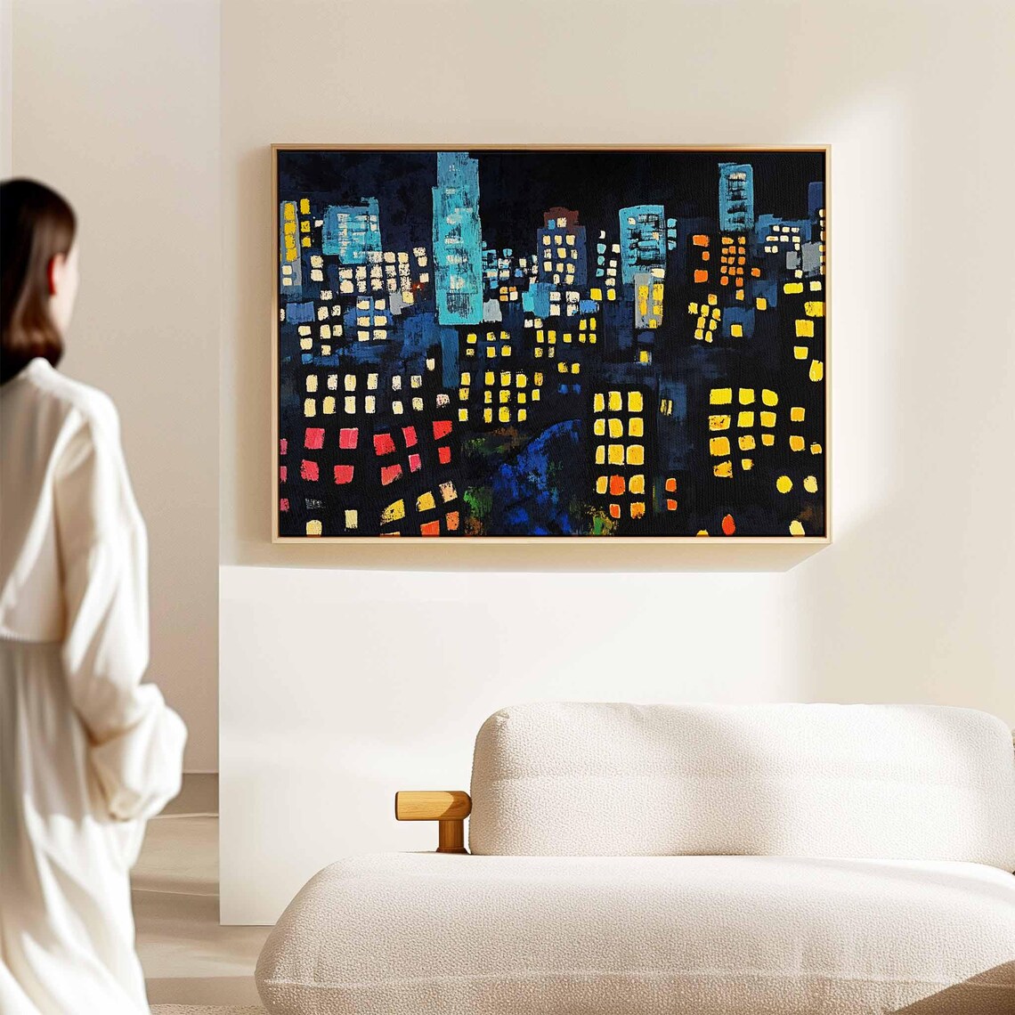 Night City Skyline Glowing Windows Painterly Modern Panoramic Wall Art - Image 2