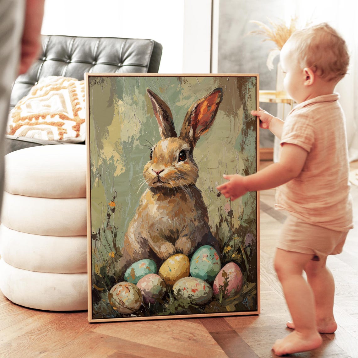 Impressionist Easter Bunny Painted Eggs Spring Meadow Oil Print - Image 3