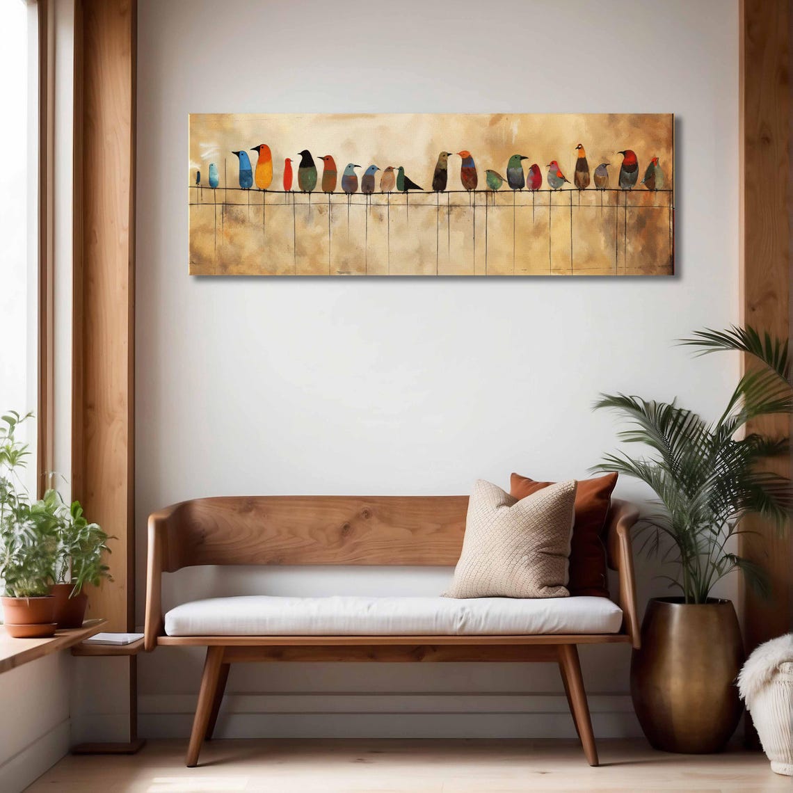 Whimsical Birds Perched Wires Warm Beige Mid Century Modern Art Poster - Image 4