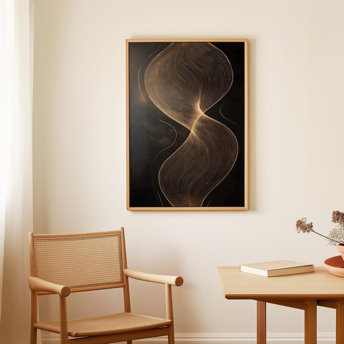 Gold Twisted Lines Black Abstract Vertical Minimalist Line Art Poster