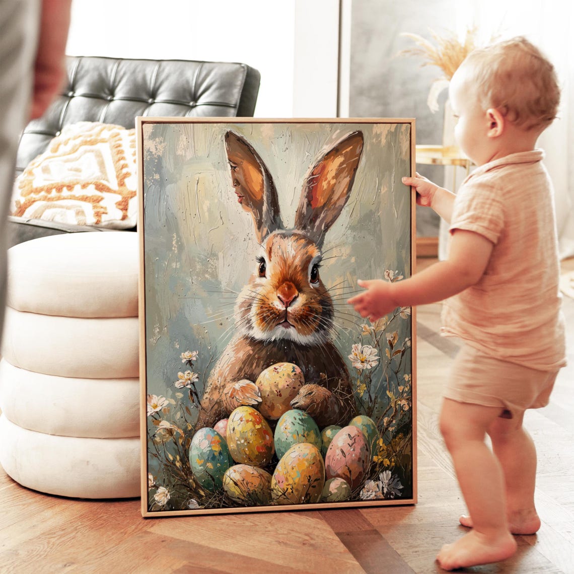 Brown Easter Bunny Holding Speckled Eggs Wildflower Meadow Art Poster - Image 3