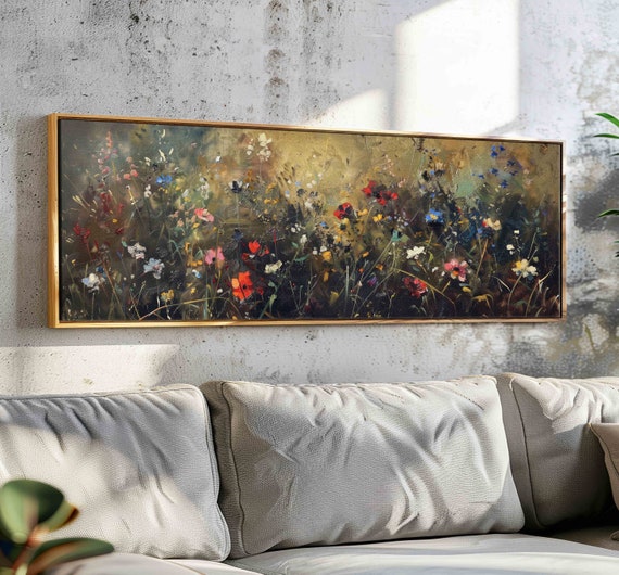 Modern Wildflowers Wall Art Framed Panoramic Moody Wall Art Horizontal Floral Print Ultrawide Flowers Art Above Bedcouch Decor