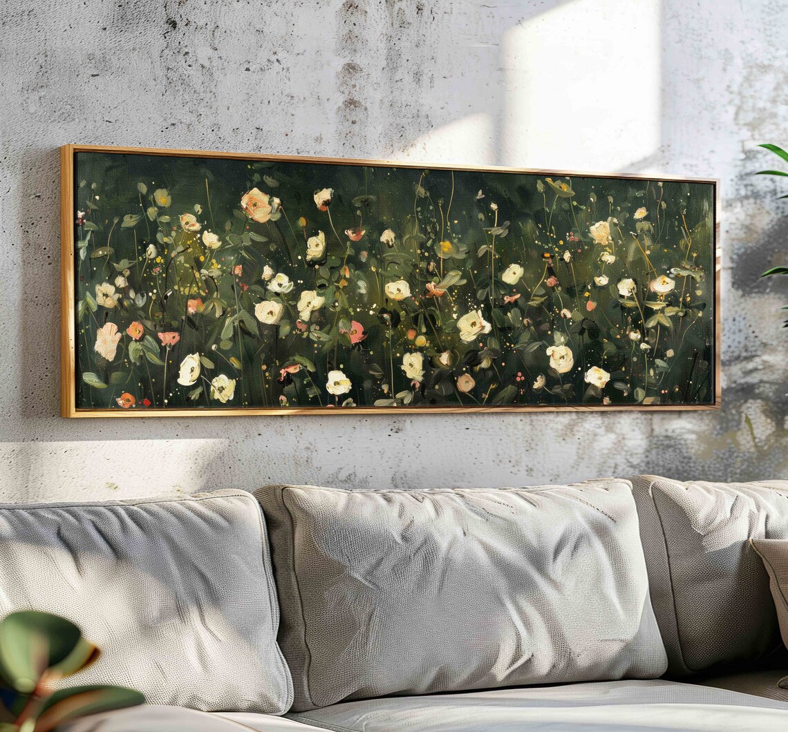 Velvet Green Wildflowers, Moody Dark Floral Art Print